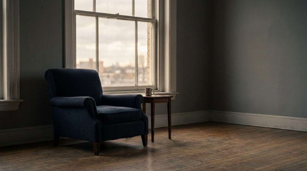 An empty consultation room chair by a window, representing the point where a member disengages from a mental health product after the initial months