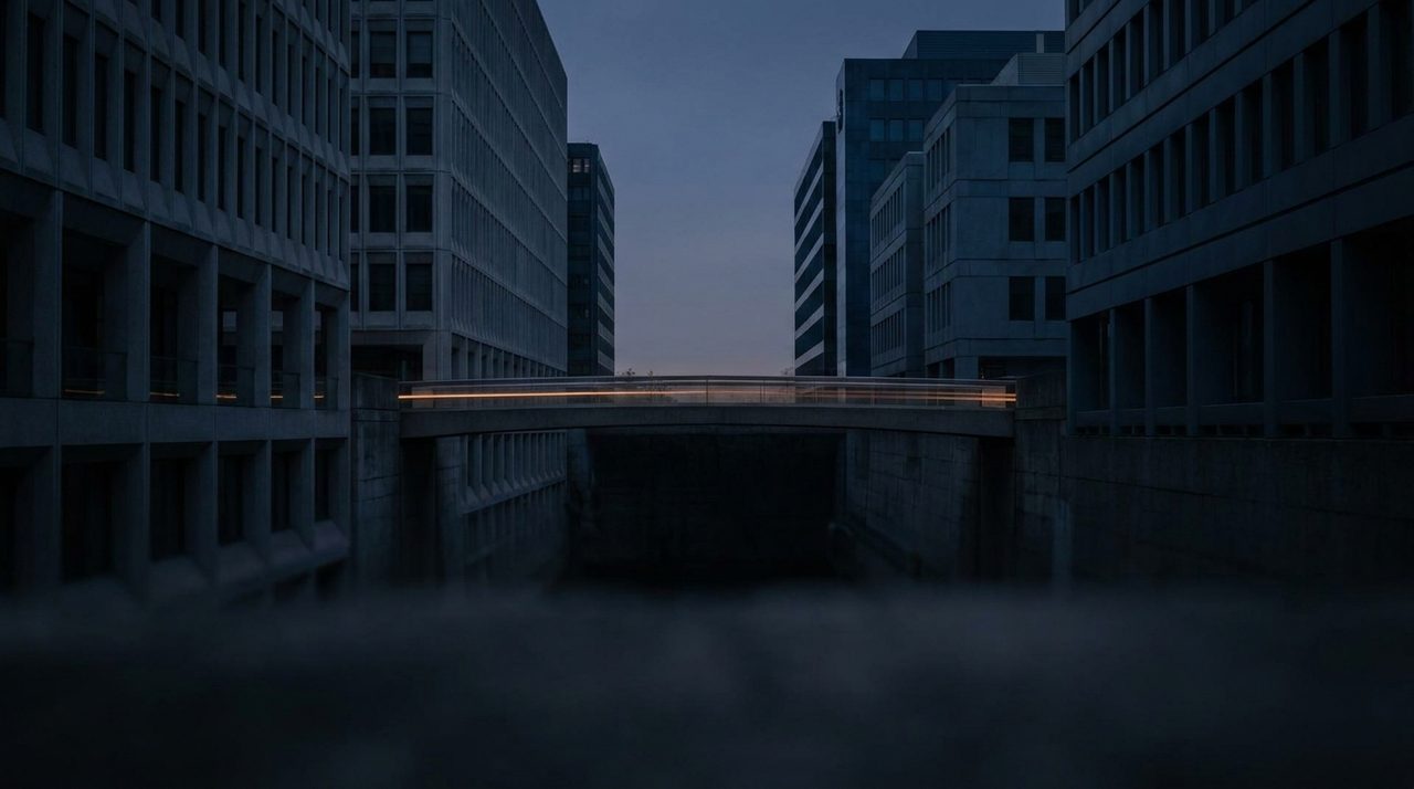 A narrow bridge connecting two larger structures at dusk, representing the middle market's position between venture and large-cap buyout