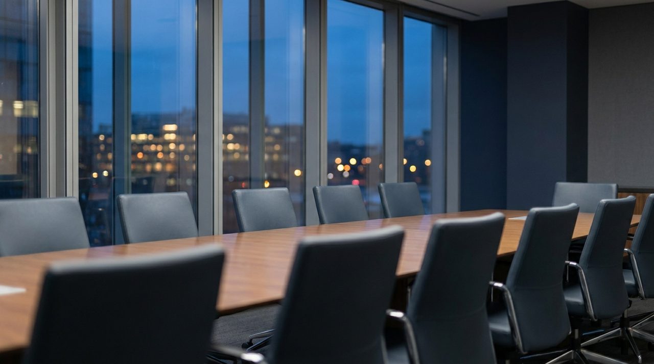 An empty modern boardroom at dusk with city lights visible through the windows