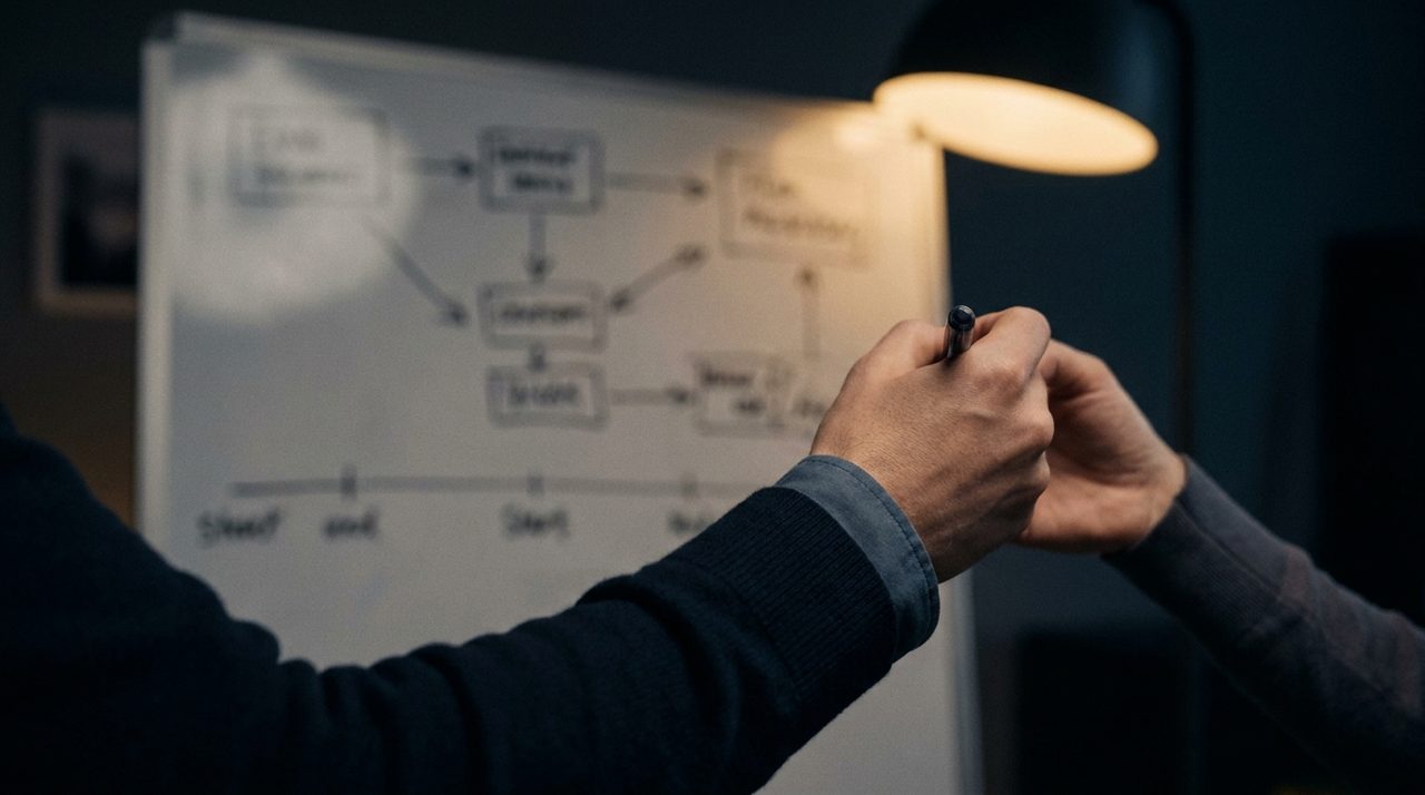 Hands sketching an organizational chart and timeline on a whiteboard