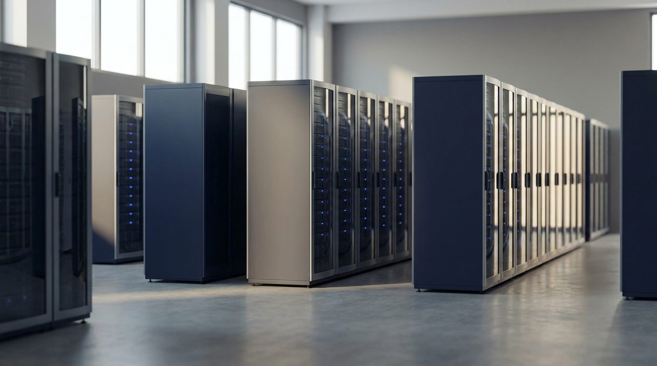 Rows of server racks in a quiet operations room lit in cool blue tones
