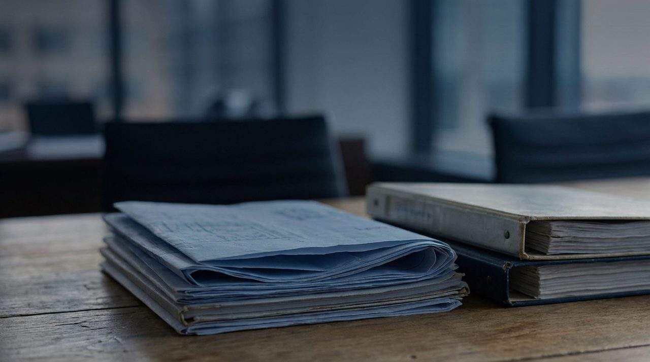 Stacked technical binders and blueprints on a desk, softly lit