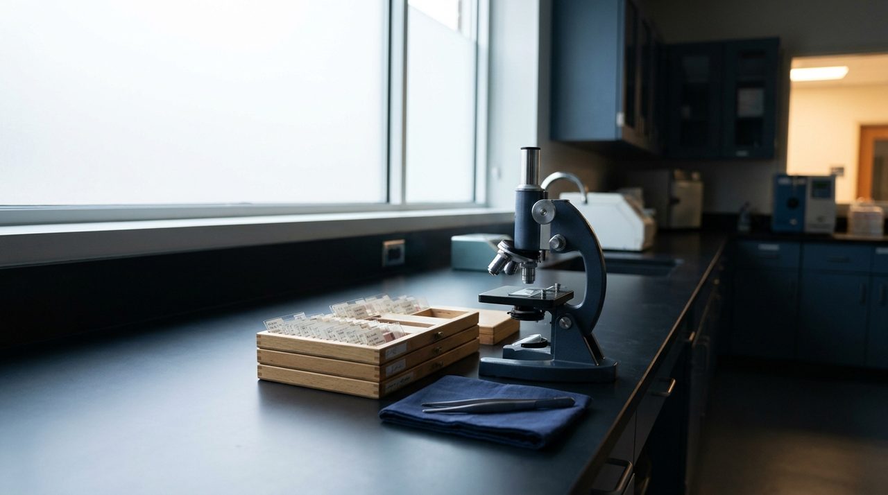 A pathology laboratory bench with a microscope and organized specimen slides