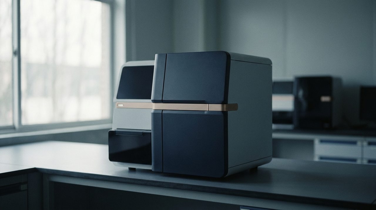 A genomic sequencing instrument on a laboratory bench