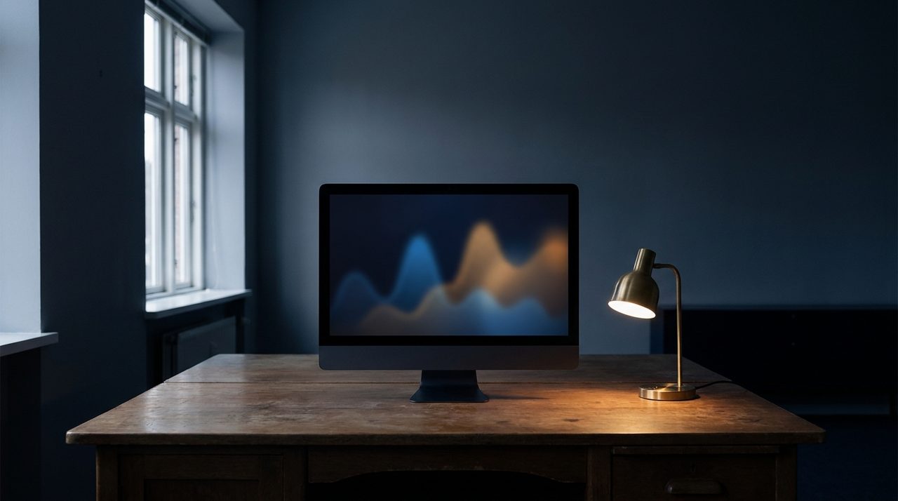A workspace with a monitor showing abstract data visualization, suggesting bioinformatics analysis