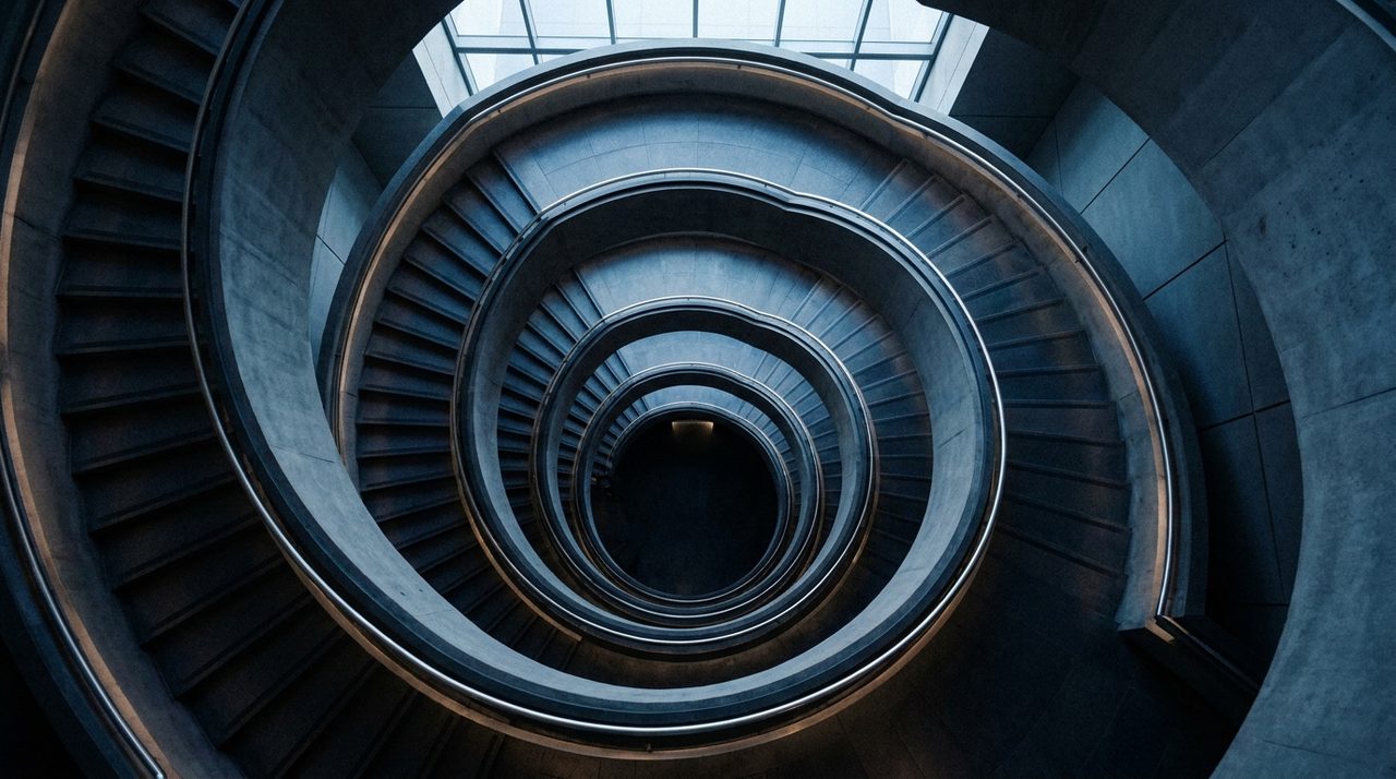 An overhead view of a spiral staircase descending into shadow, representing a company's capital structure layered by successive funding rounds