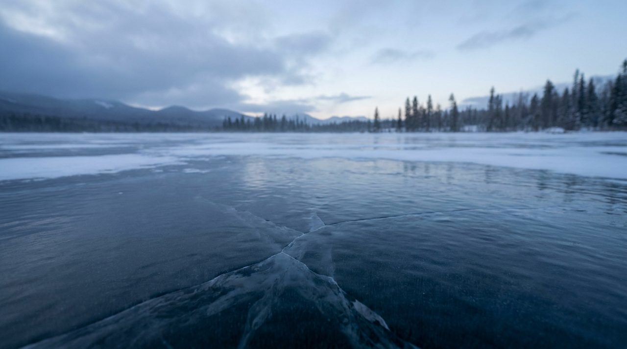 A frozen lake surface with faint cracks visible beneath the ice, representing a company's cap table that looks stable on the surface but carries structural repricing underneath